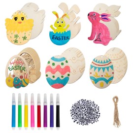 GORNNEW Wood DIY Easter Craftsd, Easter Hanging Ornaments Eggs Bunny Chick Cutouts with Holes Wood Slices to Paint Hang Tags for DIY Easter Party Decorations
