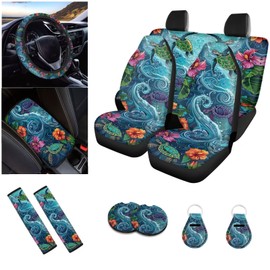 Baxinh Sea Turtle Car Seat Covers Full Set for Women Men, Hibiscus Printed Steering Wheel Cover Armrest Pads Seat Belt Cover Coaster, Soft Car Front & Rear Seat Cover for Car Interior Decor, Blue
