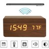Wooden Digital Alarm Clock with Wireless Charging, 3 Alarms LED