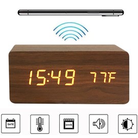 Wooden Digital Alarm Clock with Wireless Charging, 3 Alarms LED Display, Sound Control and Snooze Dual，Adjustable Brightness, Time Temperature (Brown)