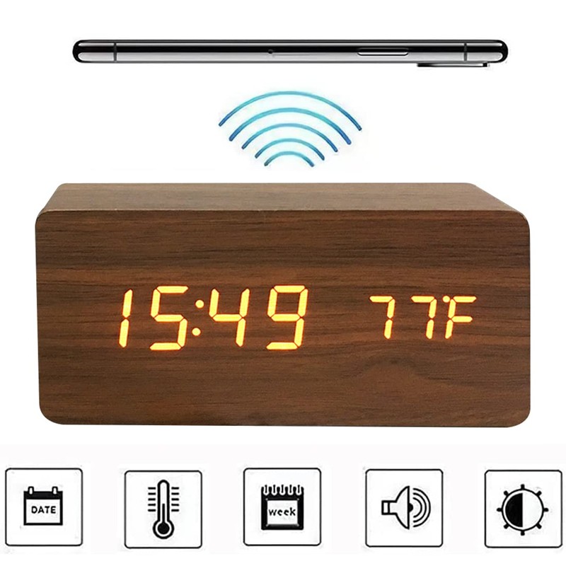 Wooden Digital Alarm Clock with Wireless Charging, 3 Alarms LED