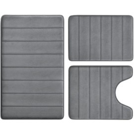 BYSURE Dark Grey Memory Foam Bathroom Rug Set 3 Piece, Non Slip Extra Soft Absorbent Machine Washable Toilet Bath Toilet Mat (17"x24"+20"x32"+U Shape 20"x24")