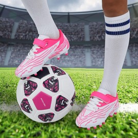 brooman Kids Firm Ground Soccer Cleats Boys Girls Athletic Football Shoes (1,White Pink)