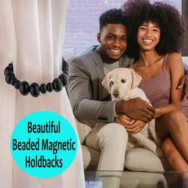 Black Boho Curtain Tie Backs Magnetic- Wood Bead Curtain Tiebacks, Strong Magnets Clousure, Beaded Curtain Holdbacks for Boho Living Room Decor, Boho Home Decor, Nursery Decor, Black,4