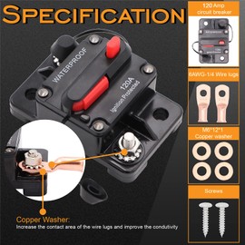 Jeemiter 120 Amp Circuit Breaker with Manual Reset Wire Lugs Copper Washer and Screws for Car Marine Trolling Motors Boat ATV Manual Power Protect for Audio System Fuse, 12V-48VDC