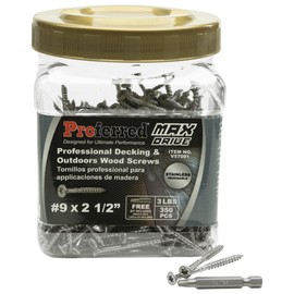 Proferred MAX Drive Professional Decking & Outdoor Wood Screws, Stainless Steel, #9 X 2-1/2", 6 Lobe 25 Drive (3 LBS, 350 pcs with 1 Bit in Jar), V57091