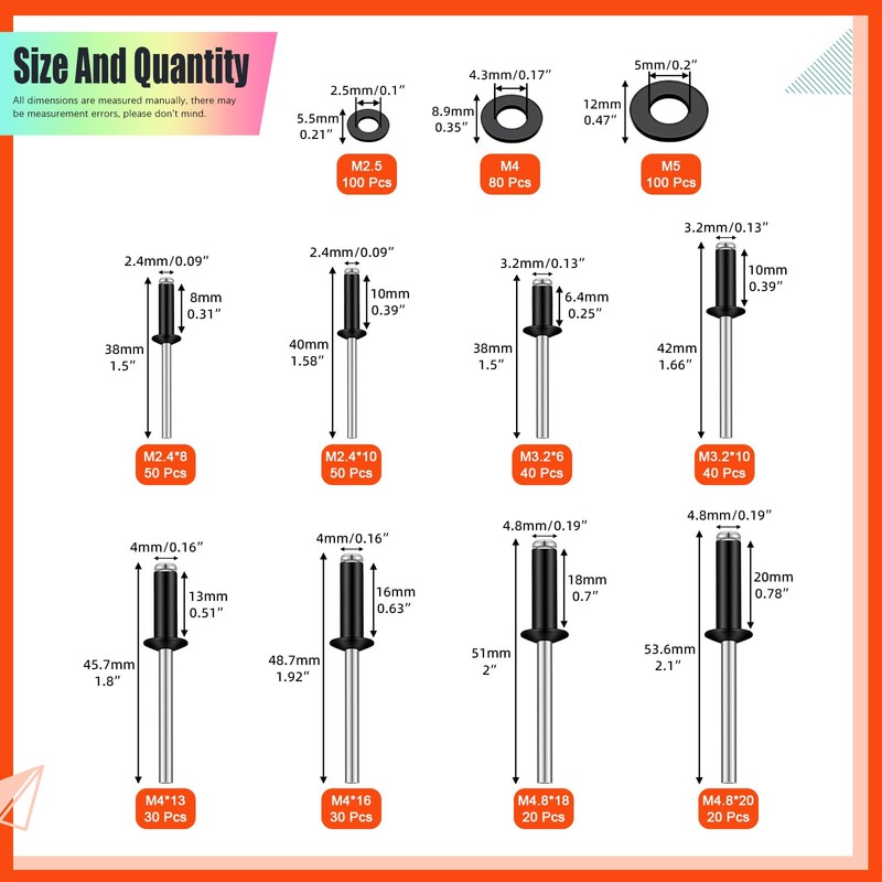 Tanstic 560Pcs Black Aluminum Pop Rivets Kit, 8 Size Blind