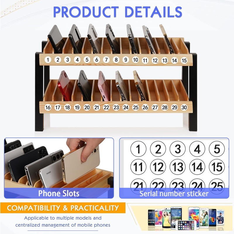 Echaprey 30-Grid Wooden Cell Phone Holder Desktop Multiple Classroom Cell