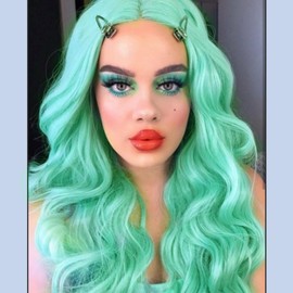 AFBeauty Blue Wig Lace Front Mint Green Synthetic Hair Long Wavy Heat Resistant Light Natural Hairline Free Part Hand Tied Lace Front Wigs for Women 24 Inches Cosplay Daily Drag