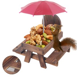 Carbonized Wood Squirrel Feeder with Umbrella, Squirrel Feeders for Outside, Durable squrrill Picnic Table with Solid Structure Waterproof Chipmunk Feeder with Corn Cob Holder(Red)