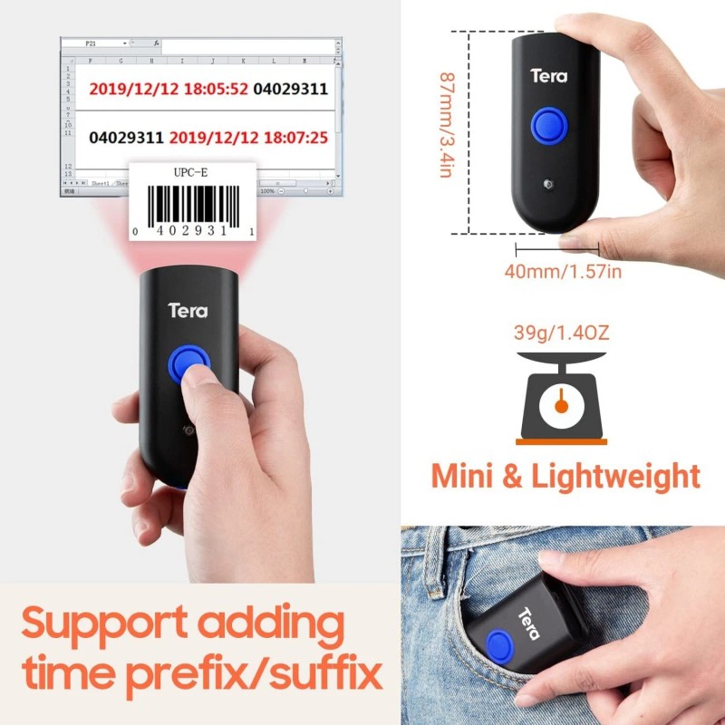 Tera Wireless Barcode Scanner 1D Laser Mini Pocket Waterproof Scanner
