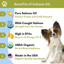 Wholistic Pet Organics Salmon Oil: Deep Sea Wild Alaskan Salmon Oil for Dogs and Cats - Natural Omega 3 Dog Fish Oil Supplement with EPA and DHA for Skin, Coat, Heart and Nervous System Health