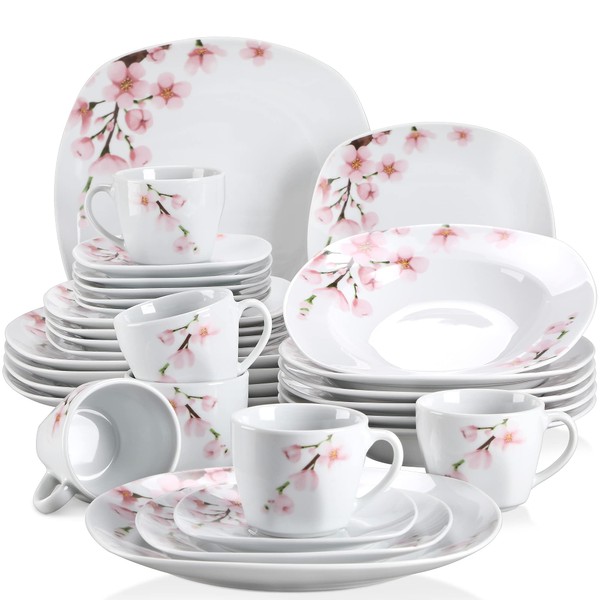 VEWEET, Series Annie, 30-Piece Porcelain Dinnerware Set with Pink Floral Pattern, White Plates and Bowls Sets including Dinner Plates, Dessert Plates, Soup Plates Set, Cups & Saucers, Dishes Set for 6