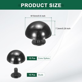 sourcing map 15 Pcs Round Studs Rivets, 15mm Metal Spikes and Studs Decoration Screw Back Studs for Leather Bags Belt Clothes Shoes Purse Supplies DIY Craft Making, Black