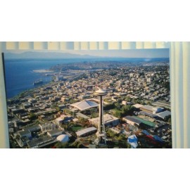 THE PACIFIC NORTHWEST BRIGHT AIR VIEW PHOTO POST CARD OVER THE CITY OF SEATTLE WASHINGTON
