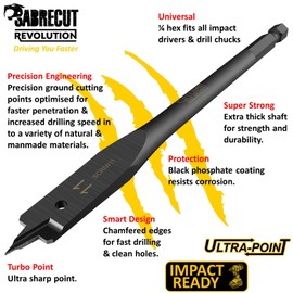 5 x SabreCut SCRIW11_5 11mm x 152mm Impact Rated Flat Wood Spade Bits for Softwood Hardwood Chipboard
