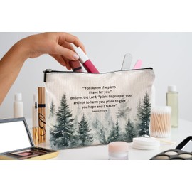 QGFM Watercolor Woodland Christian Makeup Bag, Jeremiah 29:11 Bible Verse Cosmetic Bags for Women, Christian Gifts for Women Faith, Winter Forest Religious Zipper Makeup Pouch