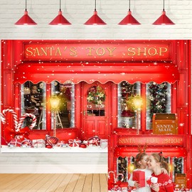 Red Christmas Backdrop Santa's Toy Shop Xmas Gift Candy Window Photography Background Christmas Shop Decoration Winter Family Holiday Party Banner 7x5FT