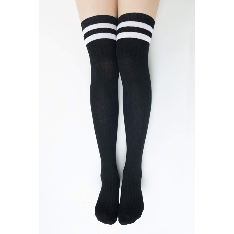 SERICI Black Thigh Length Socks(3 Black w White Stripes)