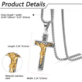 JewelryWe Jewellery Men's Necklace, Catholic Jesus Christ on INRI Cross Crucifix Stainless Steel Pendant with 22 Inch Wheat Chain Retro Chain, Gold Silver