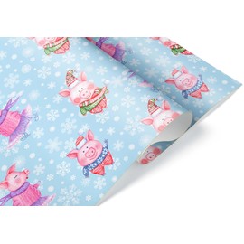 Baby Blue Snowflake and Pig Thick Gift Wrap, Cute Winter Pigs Xmas Gift Wrap, Ice Skating Barn Animal Theme (Blue, 6 foot x 30 inch roll)