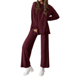 PRETTYGARDEN Womens 2025 Casual Lounge Sets Long Sleeve Tops Wide Leg Long Pants Fall Crewneck 2 Piece Outfits Tracksuits(Wine Red,Medium)