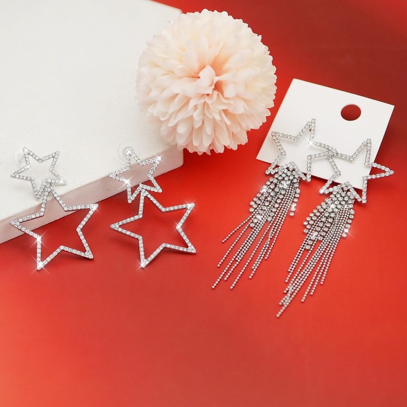 2 Pairs Rhinestone Big Star Tassel Dangle Earrings Sparkly Crystal