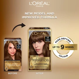 L'oreal Paris LOral Paris Superior Preference 9 weeks of Luminous Fade-Defying Permanent Hair Dye, 53 Medium Amber Brown, 100% Grey Coverage, 1 Hair Dye Kit (Packaging May Vary)