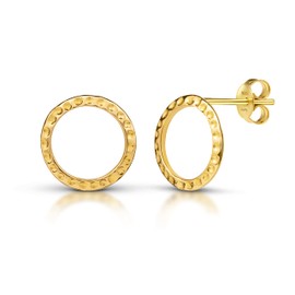 Amberta Women 925 Sterling Silver Minimalist Stud Earrings: Gold Plated Big Hammered Circumference Studs