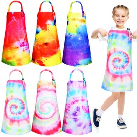 Mepase 6 Pack Kids Apron Rainbow Unicorn Tie Dye Girls Aprons with Pockets Kitchen Cooking Aprons for Girls Boys Baking Painting (Tie Dye Style)