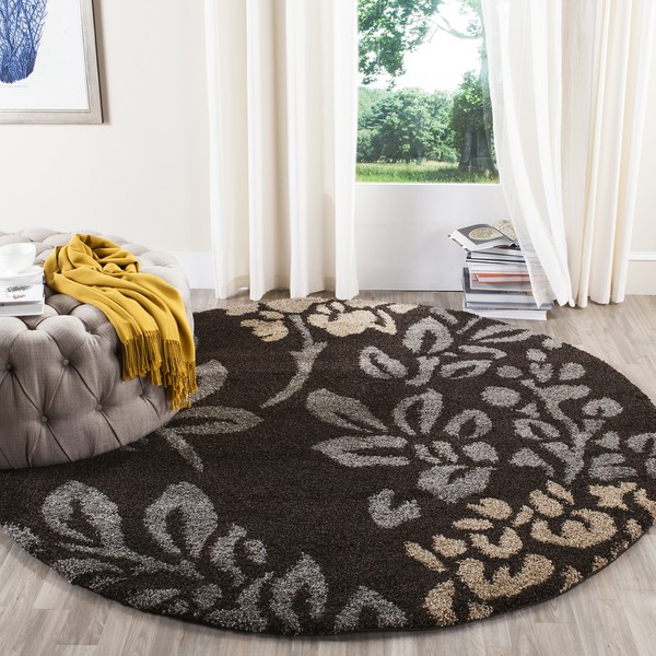 SAFAVIEH Florida Shag Collection SG456 Floral Non-Shedding Living Room Bedroom Dining Room Entryway Plush 1.2-inch Thick Area Rug, 4' x 4' Round, Dark Brown / Grey