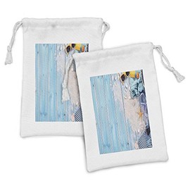 Ambesonne Maritime Fabric Pouch Set of 2, Swimming Clothes Shells Sands and Glasses on Painting Wooden Planks, Small Drawstring Bag for Toiletries Masks and Favors, 9" x 6", Sky Blue and Multicolor