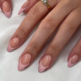 24Pcs Press on Nails Short Almond, Glossy Nude French Pink Tip False Nails Removable Fake Nails, Full Cover Acrylic Stick on Nails with Glue for Women Girls Nail Art Accessories