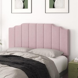 Befurtori Queen Size Headboard Only, Velvet Wall Mounted Headboard Queen/Full Size for Adjustable Bed, Modern Vertical Channel Design with Curved Tufted Upholstered Head Board, Pink