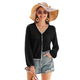 GRACE KARIN Women's Casual Knitted Cardigan Long Lantern Sleeves V-Neck Button-Up Pullover Hollow Knitwear, black, S