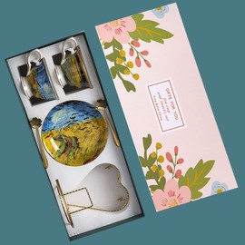 RIS LAN Van Gogh Series Fine Bone China Coffee Cup, Tea Cup Spoons and Saucer with Storage Rack - Set of 2, Perfect Birthday Holiday Commemorative Couple Gift