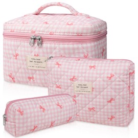 3PC Makeup Bag Set, Quilted Makeup Bag, Large Floral Cosmetic Bag for Women, Cute Cotton Makeup Bags, Flower Travel Toiletry Organizer Bag(Pink Plaid Bow)