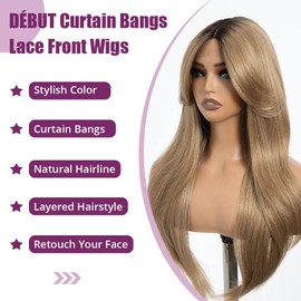 DÉBUT Synthetic Lace Front Wigs with Curtain Bangs, Ombre Blonde Long Straight Layered Wigs with Bangs, Middle Part with Natural Hairline Lace Front Wigs for Women, Dark Roots to Blond Color 26 Inches
