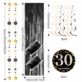 Black 40th Birthday Decorations, Tinsel Foil Fringe Curtain & Hanging Swirls Party Decorations Set for Women 40th Birthday Party Hanging Banner Door Tinsel Curtain Streamers