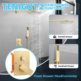TENIGXT Shower Faucet Set, With Shower Valve Shower Head and Handle Trim Kits, Rain Shower System(Brushed Gold,12 Inch)