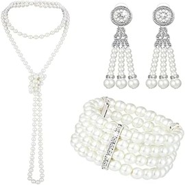 3 Pcs 1920s Pearl Jewelry Set Includes Vintage Flapper Earrings Multilayer Imitation Pearl Necklace Bracelet for Women