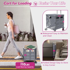 SELORSS Foldable Utility Cart Rolling Crate Handcart Shopping Cart with Rotate Wheels Extended Magnetic Lid Telescoping Handle Adjustable Angle for Transports Groceries Office Teacher File(Gray)