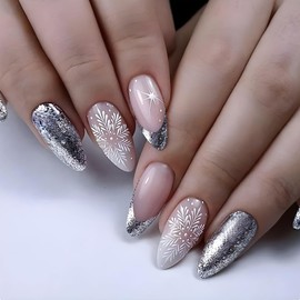 Christmas Snowflake Press on Nails Medium Almond Silver French Tips Fake Nails with Glitter Acrylic Nails Glue on Nails Christmas False Nails with Glue Kit Winter Stick on Nails for Women Girls 24 Pcs