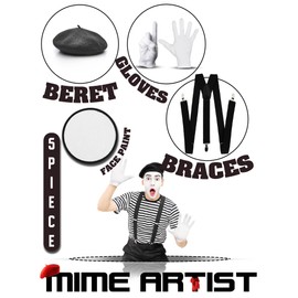 Mega_Jumble Frenchman Mime Artist Men's French Joker Costume Set - Beret, T-Shirt, Braces, Gloves and Face Paint | Themed Party Stag Do Role Play Book Week Fancy Dress (XL)