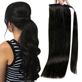 Full Shine Black Ponytail Extension Real Human Hair 16 Inch Black Hair Ponytail Extensions Wrap Around Ponytail Human Hair Piece Straight Natural Black Ponytail Hair Extensions Remy Hair for Women 80 Grams