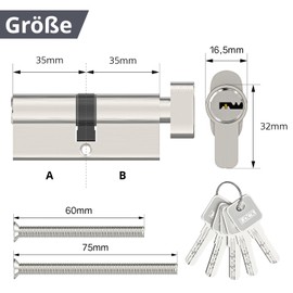 MANICAF Lock Cylinder 35T/35, Knob Cylinder, Lock Cylinder with Knob for Front Door, 70 mm Euro Copper Cylinder Lock, with 5 Keys, Anti Picking, Anti Drill, Anti Snap, Anti Bumping