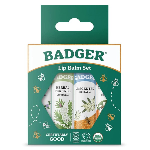 Badger - Classic Lip Balm Green Box, Made with Organic Olive Oil, Beeswax & Rosemary, Natural Lip Balm Variety Pack, Certified Organic, Moisturizing Lip Balm, 0.15 oz each - 4 pack
