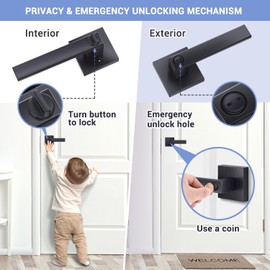 Door Handles Black, Ohuhu 2 Pack Privacy Door Levers Interior Door Knob Heavy Duty Matte Black Door Handle with Modern Contemporary Slim Square Design for Home Bedroom & Bathroom Keyless in Zinc-Alloy