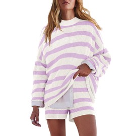 LAMISSCHE Womens Oversized Lounge Sets 2 Piece Outfits Striped Matching Pajama Set Long Sleeve Sweater Set(White&Lt Purple,XL)