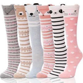 Kids Girls Knee High Socks Crazy Silly Long Cute Funny Animal Tall Boot Fun Gift Stocking Stuffers for Kids Socks for Child 6 Pairs (Pink Grey Stripes)